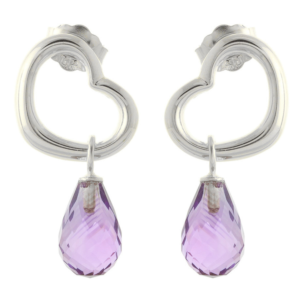 14K. SOLID GOLD HEART EARRING WITH DANGLING NATURAL AMETHYSTS (White Gold) - Picture 2 of 2
